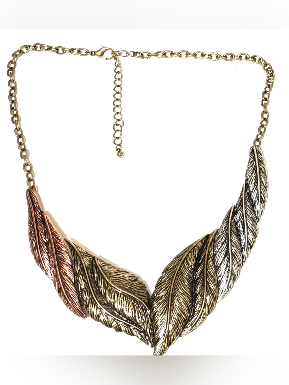 Vintage Tri-Tone Feather Collar Necklace - Gold, Silver, Rose-Gold